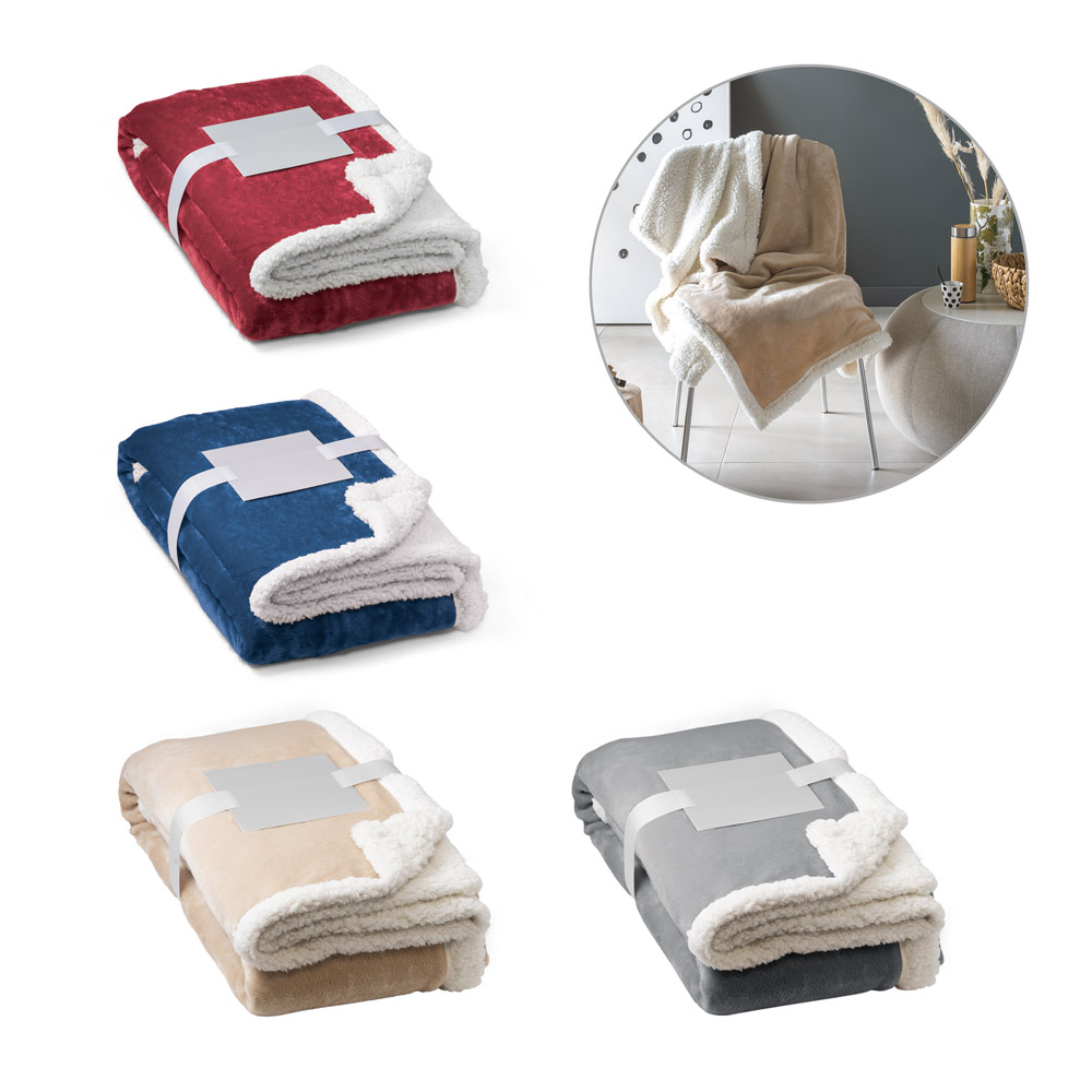 HEIDEN. Dwustronny polarowy koc (190 g/m²) z satynową wstążką i etykietą do personalizacji 99078_set