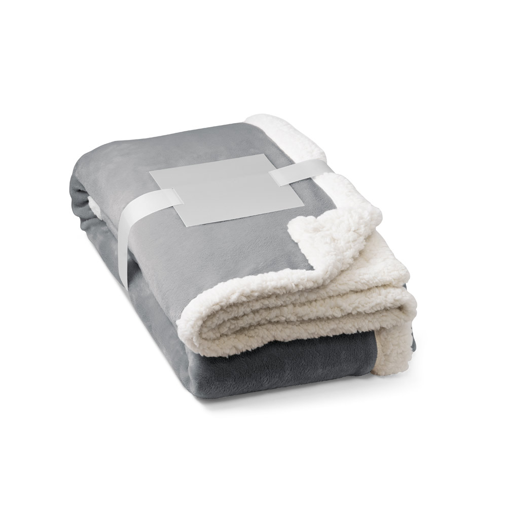 HEIDEN. Dwustronny polarowy koc (190 g/m²) z satynową wstążką i etykietą do personalizacji 99078_set